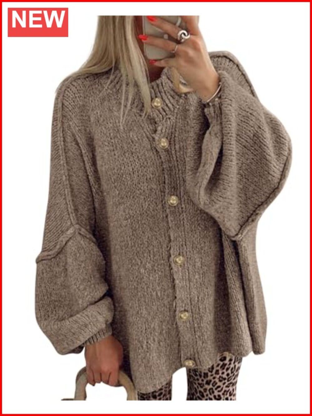 Oversized Cardigan Sweater Women Button Down Crew Neck Long Sleeve Knit